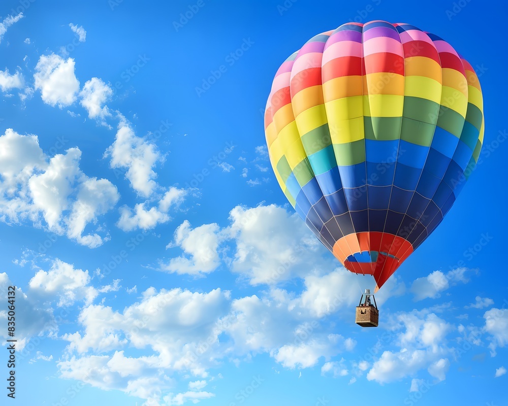 Obraz premium A colorful hot air balloon is floating in the sky above a blue