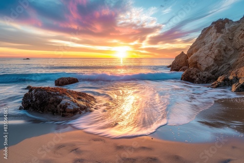 a sunset over the ocean with wildflowers, Showcase the beauty of a coastal landscape during sunrise or sunset photo