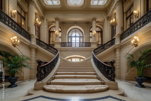 a large building with a staircase leading to a second story  Showcase the beauty of architectural symmetry in a grand staircase or building facade