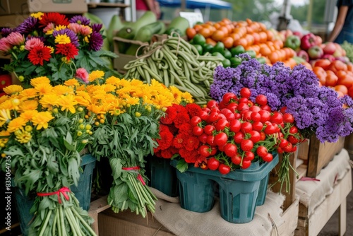 a table with a bunch of different fruits and vegetables, Showcase the vibrant colors of a farmers market, emphasizing fresh produce and flowers