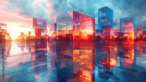 Artistic portrayal of glass cubes under a sunset sky  invoking feelings of reflection  infinity  and creativity