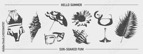 Summer elements with retro photocopy effect of y2k design. Swimsuit, ice cream, palm leaf, sunglasses, beach umbrella, chamomile, cocktail. Texture in the form of vector points.