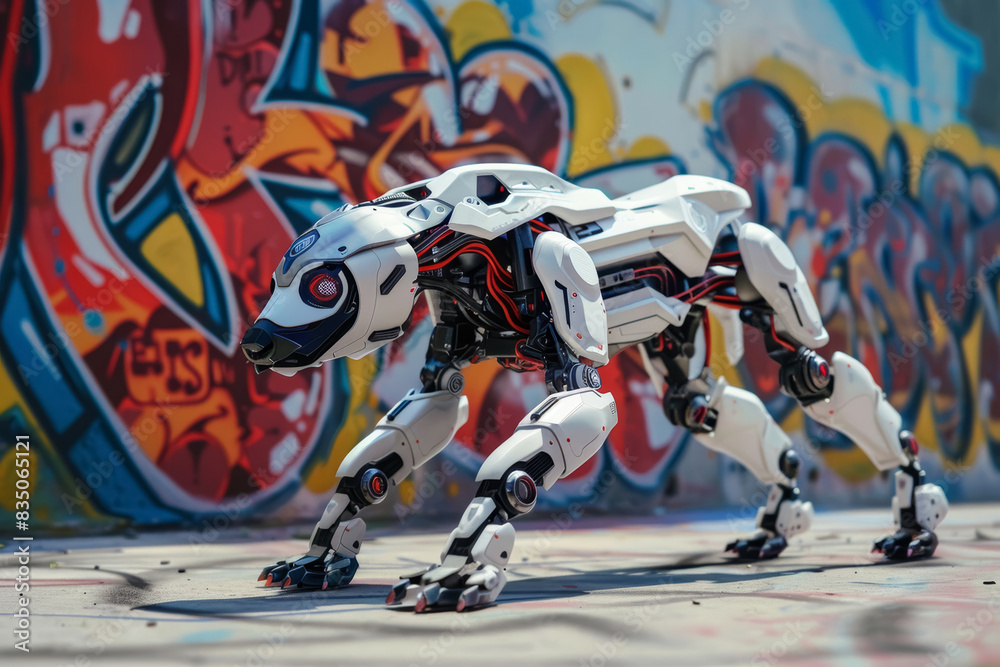 Futuristic fighting robot dog on a graffiti background. Mechanical pet prototype concept. Futuristic fighting robot dog on a graffiti background. Mechanical pet prototype concept.