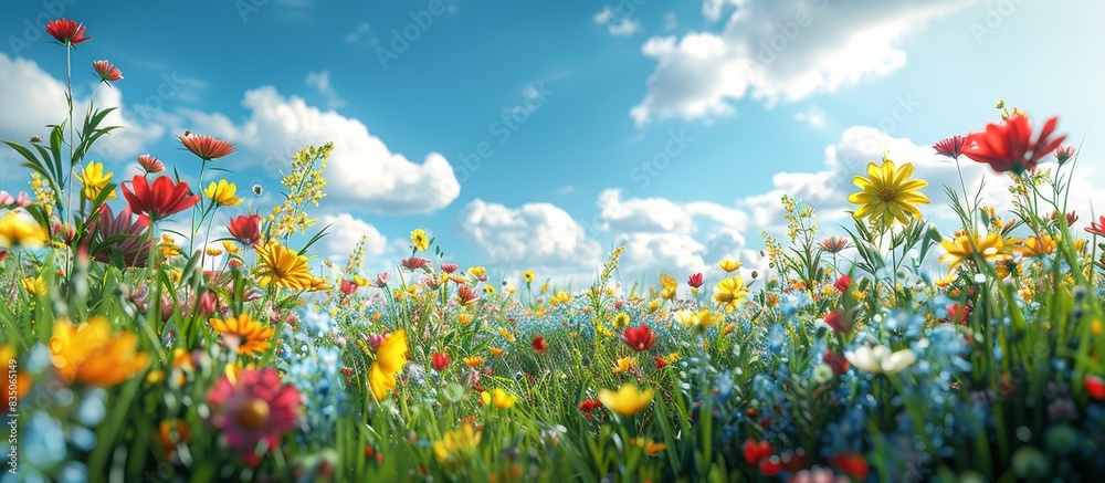 Vibrant Wildflower Meadow Under Blue Sky and Fluffy Clouds in Blooming Spring Vibrant Wildflower Meadow Under Blue Sky and Fluffy Clouds in Blooming Spring