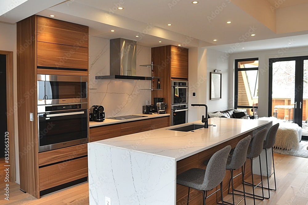 Step into the future of European design with this modern kitchen featuring sleek minimalist aesthetics, state-of-the-art stainless steel appliances Step into the future of European design with this modern kitchen featuring sleek minimalist aesthetics, state-of-the-art stainless steel appliances