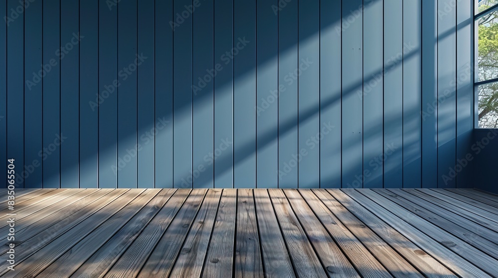 Empty wooden terrace with dark blue wall 3d render,There are wood plank floor