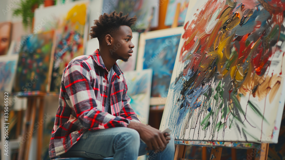 A young African-American man in an art studio sits thoughtfully and examines a painting. Bokeh in the background. A young African-American man in an art studio sits thoughtfully and examines a painting. Bokeh in the background.