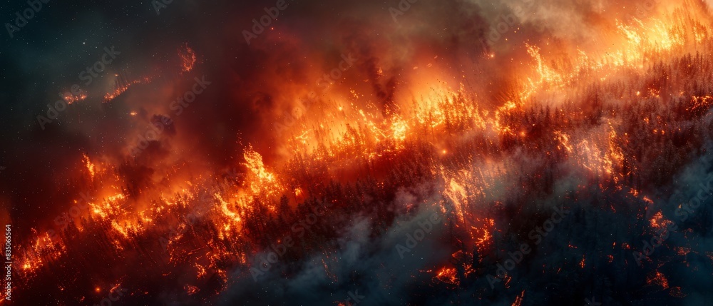 A fiery scene with a lot of smoke and fire