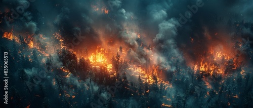 A fire is burning in the woods, with smoke and flames rising into the sky