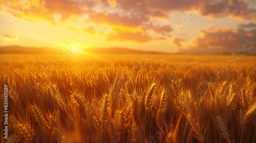 Detailed 4K scene of a lush wheat field illuminated by the golden hues of a summer sunset, capturing the rich colors and realistic textures of the landscape © Yotsaran