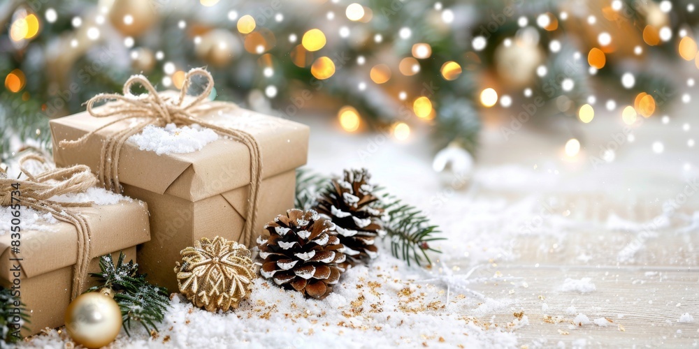 Festive holiday scene with wrapped gifts, pine cones, and twinkling lights, capturing the cozy essence of Christmas celebrations. Festive holiday scene with wrapped gifts, pine cones, and twinkling lights, capturing the cozy essence of Christmas celebrations.