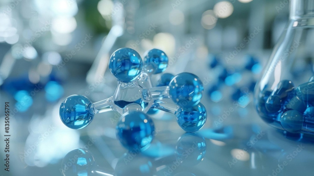 Close-up of blue molecular model in a laboratory setting, highlighting scientific research and chemistry concepts with blurred background. Close-up of blue molecular model in a laboratory setting, highlighting scientific research and chemistry concepts with blurred background.