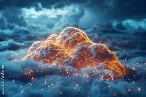 Featuring a cloud with many small data connections, dark blue background, glowing light effects, ing photo