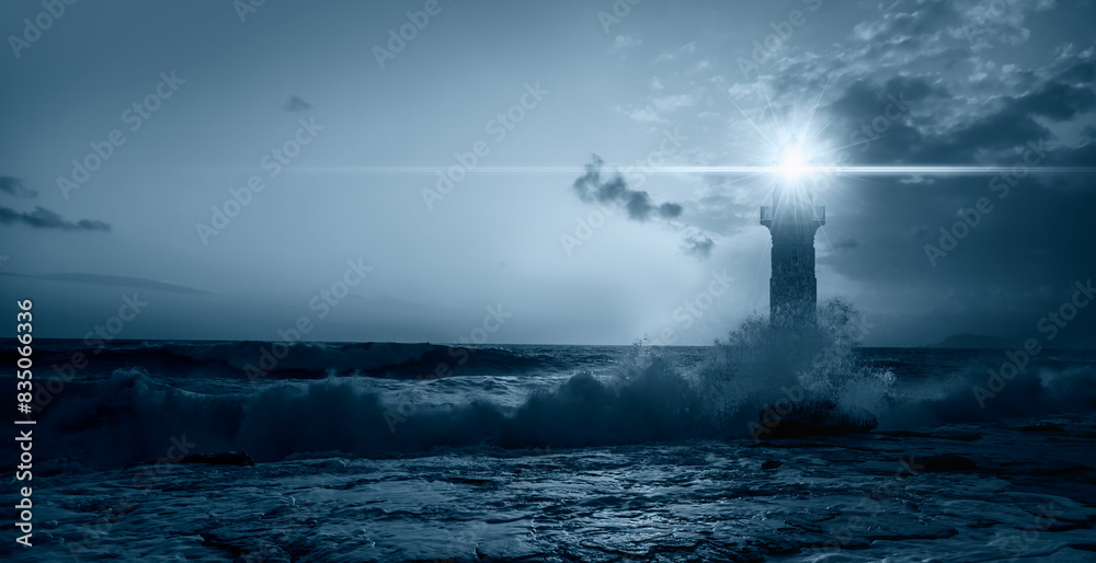 Obraz premium Beautiful night seascape with lighthouse at blue dark night