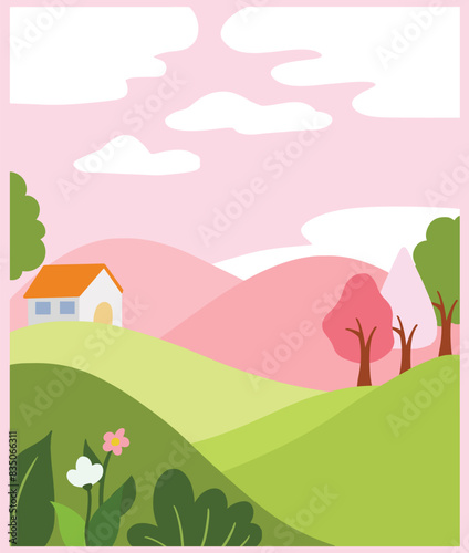 a colorful illustration of a house on a hill with a sky background