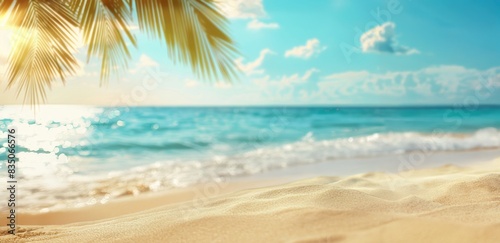 Serene Tropical Beach Scene with Clear Blue Water  Golden Sand  and Palm Leaves under Sunlight