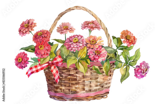 Watercolor Basket of Pink Flowers, Clipart, 3d render, isolated on a transparent background.
