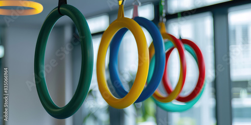 Closeup colored gymnastic rings on the simple gym interior background with copy space