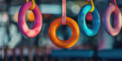 Closeup colored gymnastic rings on the simple gym interior background with copy space photo