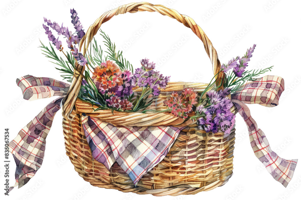Watercolor Basket with Lavender Flowers and Plaid Bow, Clipart, 3d render, isolated on a transparent background. Watercolor Basket with Lavender Flowers and Plaid Bow, Clipart, 3d render, isolated on a transparent background.