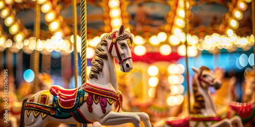 Closeup Miniature toy merry go round horses carousel, colored background with copy space