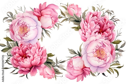 Watercolor pink peony flower. Floral botanical flower. Frame border ornament square. Aquarelle wildflower for background, texture, wrapper pattern, frame or border. generative ai