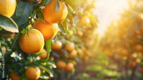 An orange orchard with rows of trees full of ripe oranges, with sunlight filtering through the leaves, creating an atmosphere filled with fresh and vibrant colors.