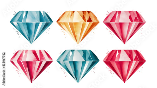 Watercolor Diamond Set, Isolated on White Background, Ideal for Jewelry, Wedding, and Fashion Design Projects	