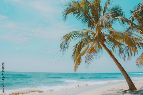 A palm tree is on a beach with the ocean in the background