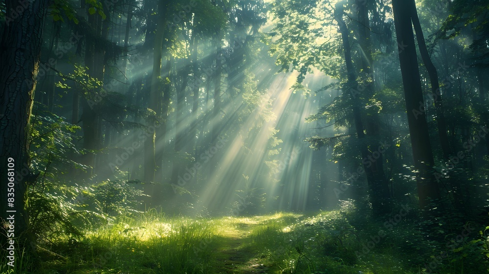 Fototapeta premium Beautiful forest with sunlight filtering through the trees, creating an enchanting and peaceful atmosphere. a dreamlike atmosphere, a forest scene.