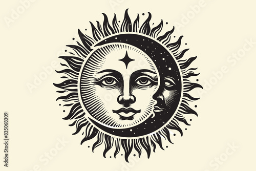 Sun and moon. Isoteric vector illustration. vintage black engraving, emblem, logo