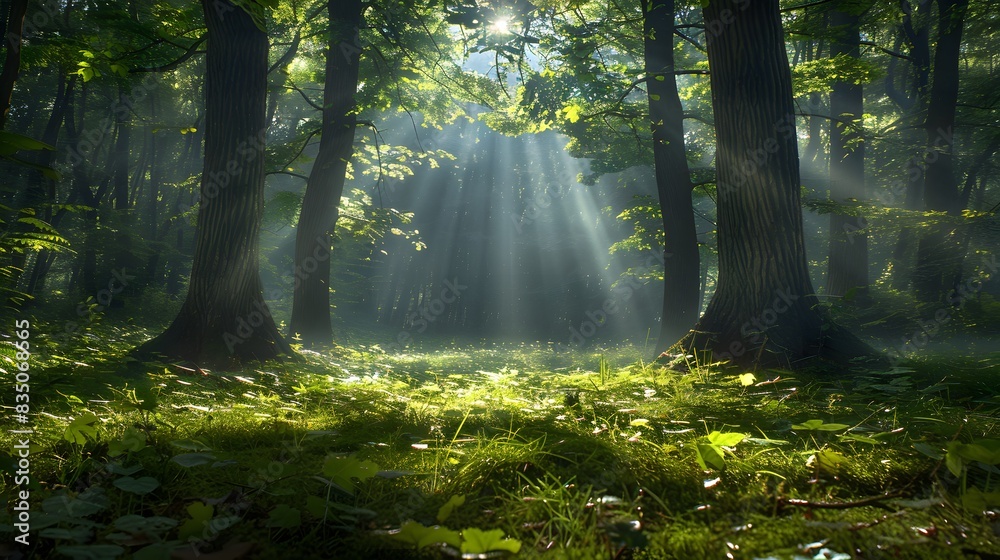 Obraz premium Beautiful forest with sunlight filtering through the trees, creating an enchanting and peaceful atmosphere. a dreamlike atmosphere, a forest scene.