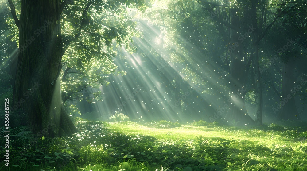 Obraz premium Beautiful forest with sunlight filtering through the trees, creating an enchanting and peaceful atmosphere. a dreamlike atmosphere, a forest scene.
