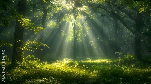 Beautiful forest with sunlight filtering through the trees  creating an enchanting and peaceful atmosphere. a dreamlike atmosphere  a forest scene.