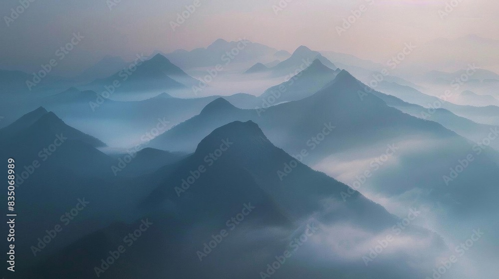 Misty mountain landscape with layers of peaks and valleys, enveloped in fog. Serene and ethereal scenery ideal for nature lovers and explorers. Misty mountain landscape with layers of peaks and valleys, enveloped in fog. Serene and ethereal scenery ideal for nature lovers and explorers.