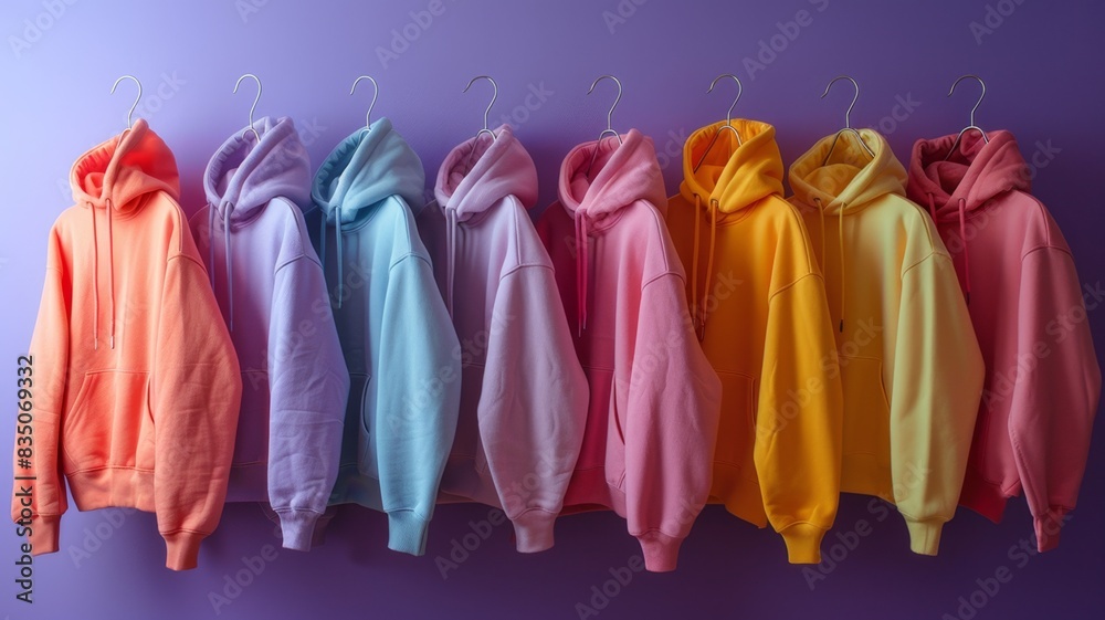 Colorful Hoodies on Hangers Against Purple Wall Fashion and Style Colorful Hoodies on Hangers Against Purple Wall Fashion and Style