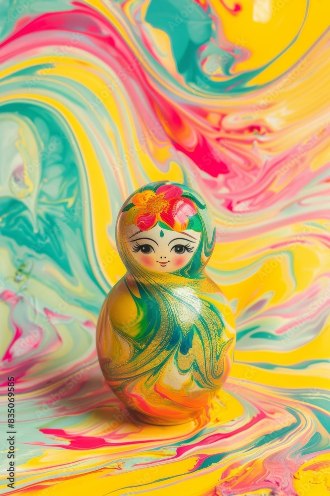 Fototapeta premium Modern Abstract Vinyl Wooden Matryoshka Dolls With Copy Space