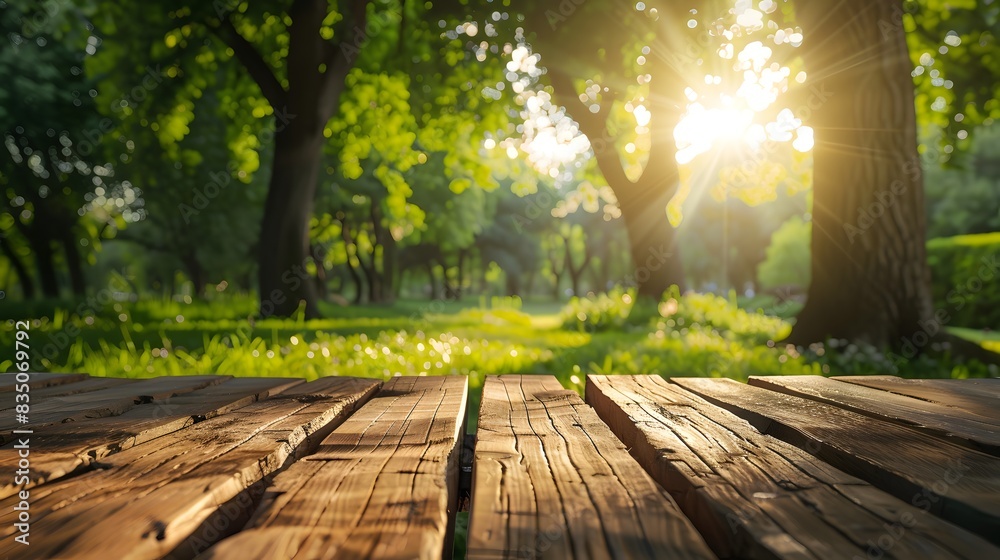 Empty wooden table top with blurred green garden park background for product display presentation or design of montage food products in sunny day.