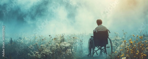 A woman in a wheelchair is sitting on the ground and looking up at the sun. The scene is peaceful and serene, with the woman's posture and the setting sun creating a sense of calm and relaxation photo