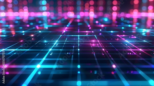 Glowing Futuristic Digital Landscape with Neon Geometric Patterns and Illuminated Lines