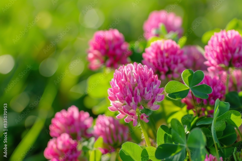 A close-up view of vibrant pink clover blossoms in a green field, illuminated by sunlight. A close-up view of vibrant pink clover blossoms in a green field, illuminated by sunlight.