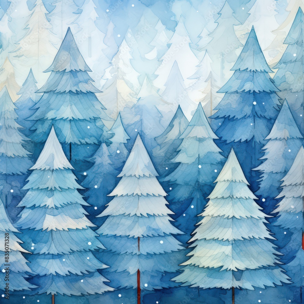 Obraz premium A painting of a forest with blue trees and snow