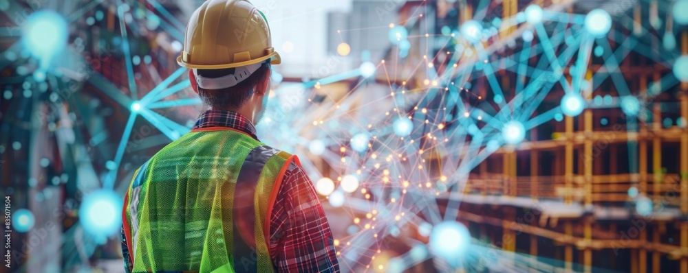 Obraz premium Three men in construction gear are standing in front of a building