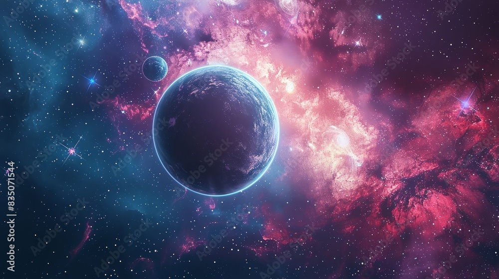 Obraz premium Cosmic Galaxy Scene: Depict a cosmic background featuring a vibrant galaxy with stars, nebulas, and distant planets.