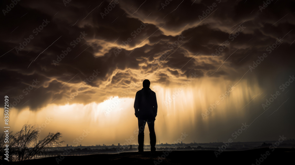 A silhouette of a man standing in front of a storm A silhouette of a man standing in front of a storm