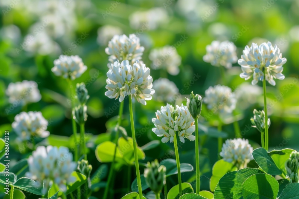 A close-up photo of white clover flowers blooming in a lush, green field. The white clover flowers stand out against the green foliage. A close-up photo of white clover flowers blooming in a lush, green field. The white clover flowers stand out against the green foliage.
