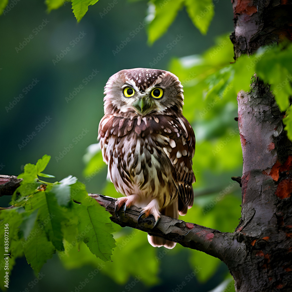 little owl otus scops in its natural habitat sitting on a green tree branch with a forest background generate ai little owl otus scops in its natural habitat sitting on a green tree branch with a forest background generate ai