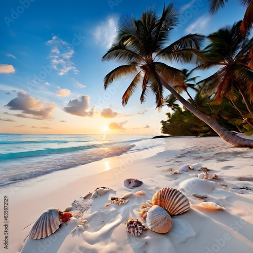 palm tree white sand sea shell background
