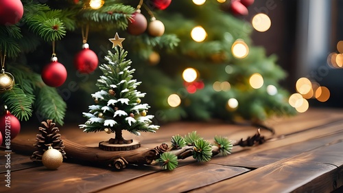 Christmas tree branch decorations on a wooden table.