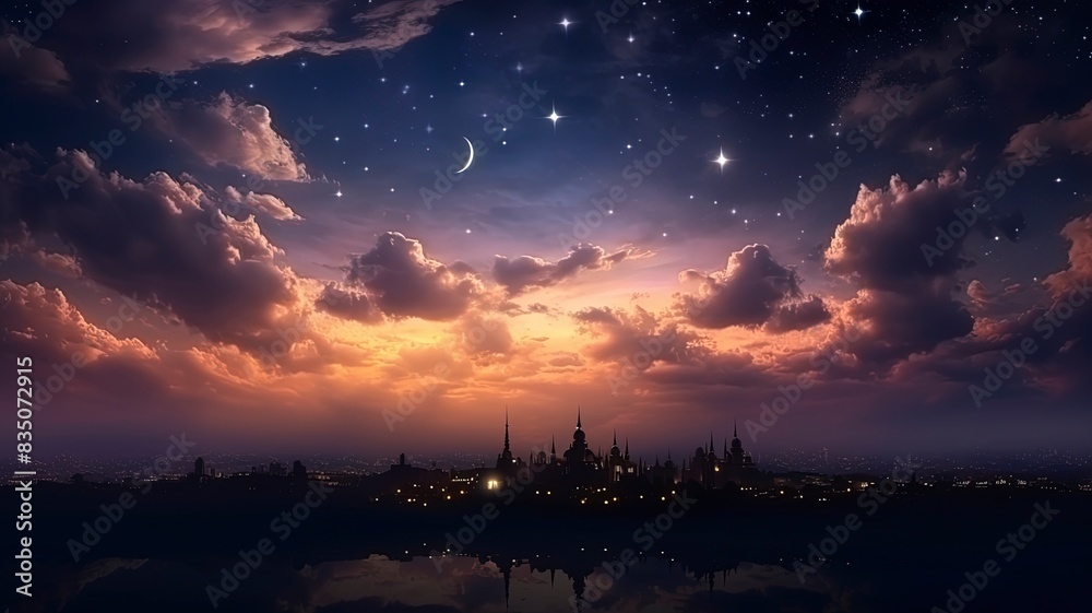 Ramadan dusk picture. Beautiful religious background with crescent, stars and glowing clouds, copy space, generative ai Ramadan dusk picture. Beautiful religious background with crescent, stars and glowing clouds, copy space, generative ai